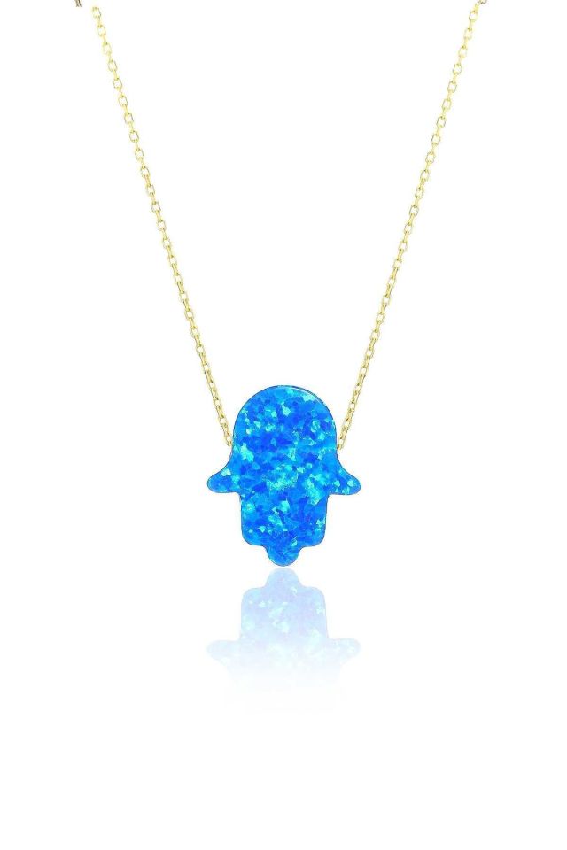 Moom Mücevherat Kadın 14 Ayar Altın Mavi Sedef Opal Taşlı Fatma Eli Kolye