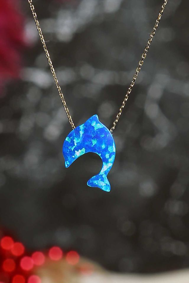 Moom Mücevherat Kadın 14 Ayar Altın Mavi Sedef Opal Taşlı Yunus Kolye