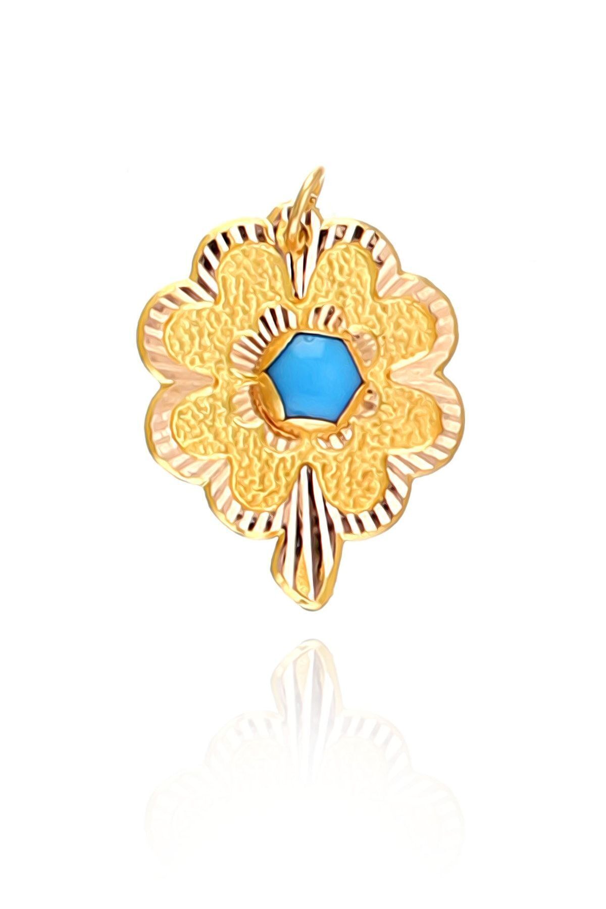 Kadın 14 Ayar Altın Çiçek Desenli Mavi Taşlı Kolye Ucu
