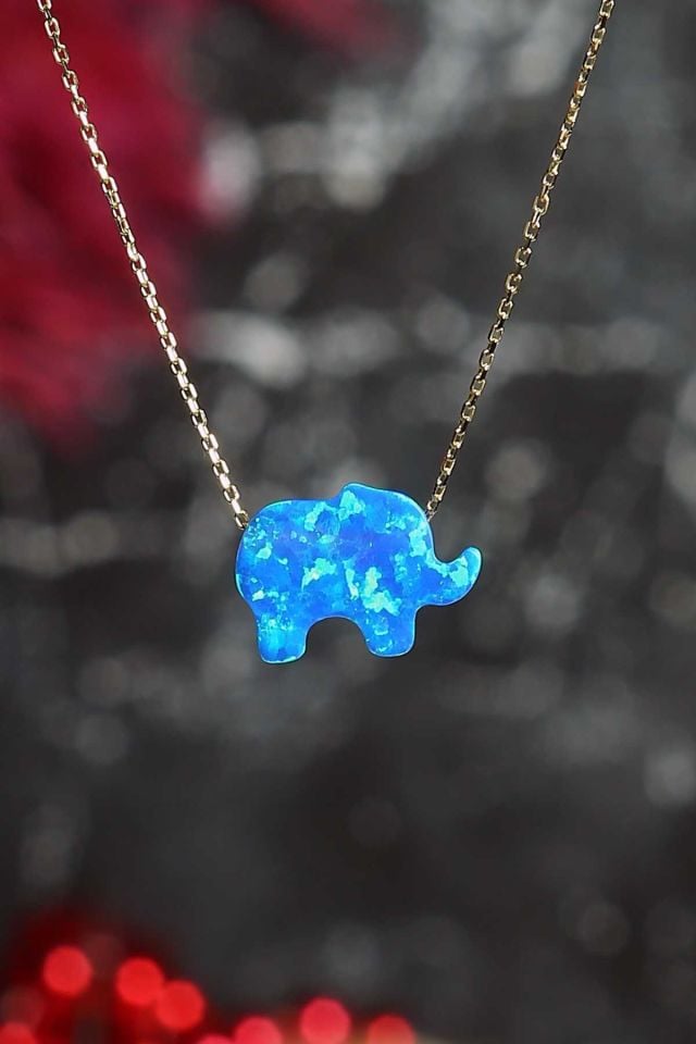 Moom Mücevherat Kadın 14 Ayar Altın Mavi Sedef Opal Taşlı Fil Kolye