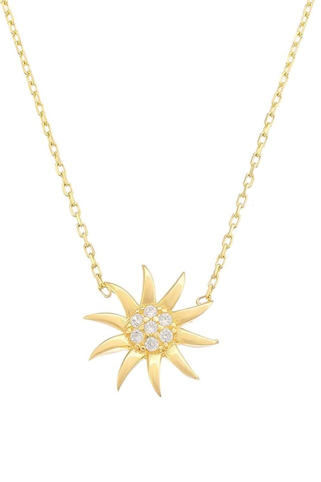 Moom Mücevherat Kadın 14 Ayar Altın Minimal Taşlı Güneş Kolye