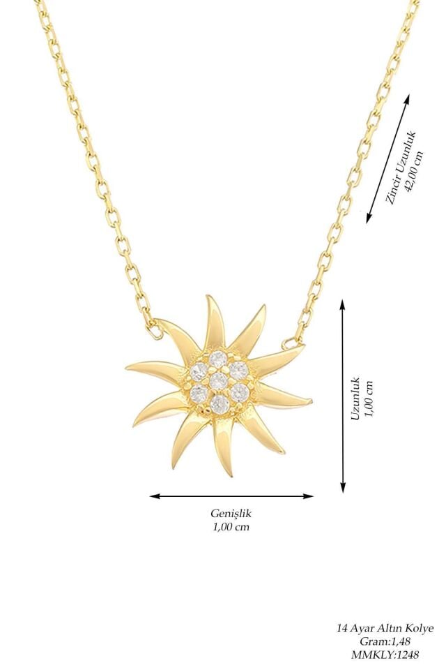 Moom Mücevherat Kadın 14 Ayar Altın Minimal Taşlı Güneş Kolye