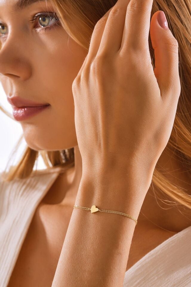 MOOM MÜCEVHERAT 14 Ayar Altın Kalp Bileklik (16cm,17cm,18cm,19cm,20cm,21cm)