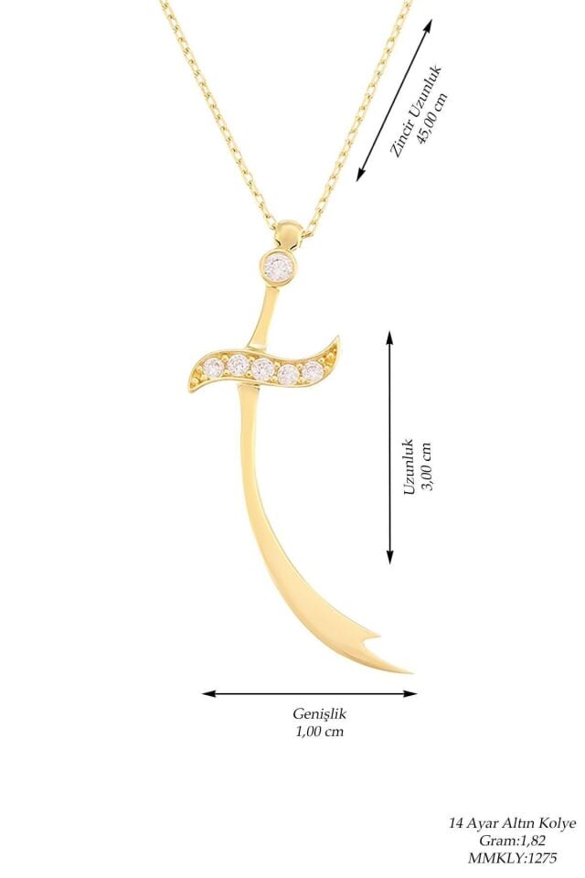 14 Ayar Altın Taşlı Zülfikar Kolye 45 Cm