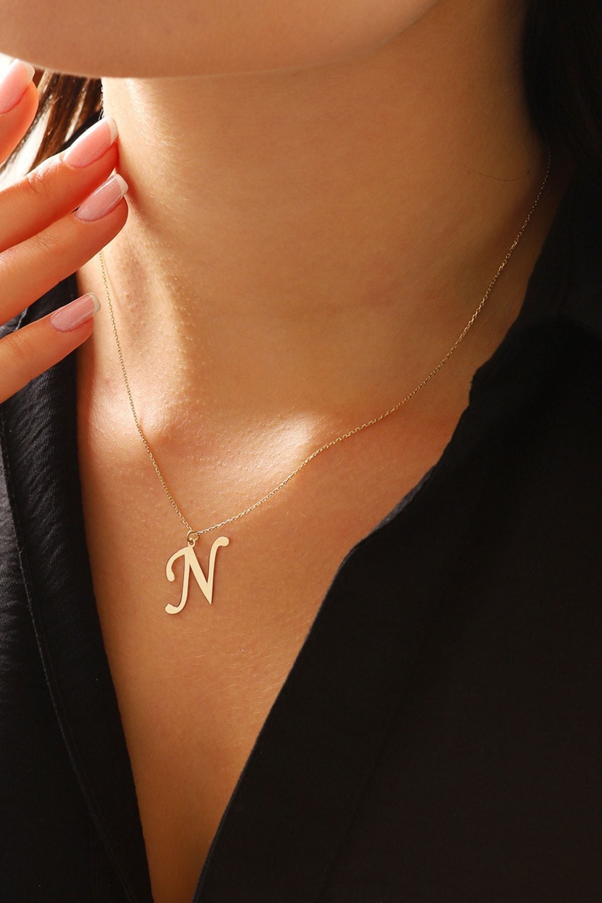 Kadın 14 Ayar Altın Harf Kolye El Işi N Harfi Altın Kolye Zincirli Harf Kolye