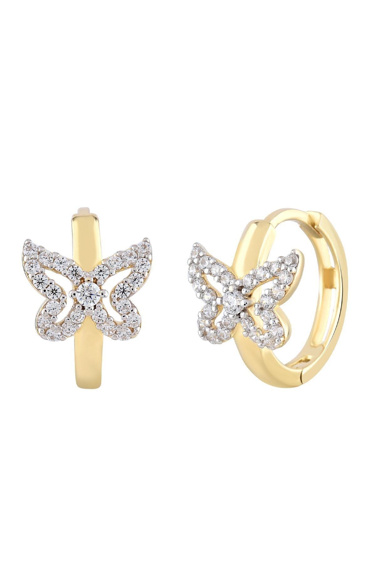 Kadın 14 Ayar Altın Küpe Minimalist Zirkon Taş Kelebek Figür Halka Altın Küpe 12 Mm