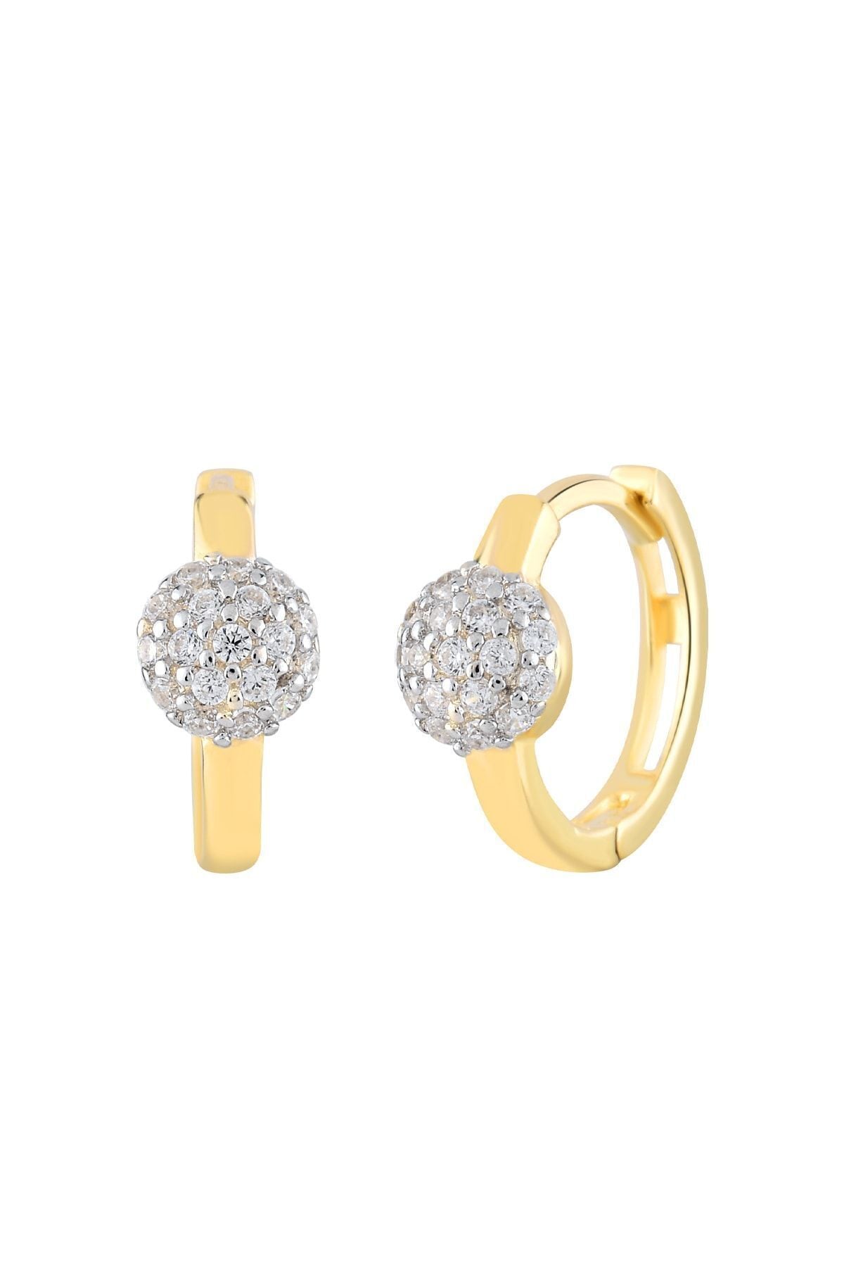 Kadın 14 Ayar Altın Küpe Minimalist Zirkon Taş Top Figürlü Halka Altın Küpe 12 Mm