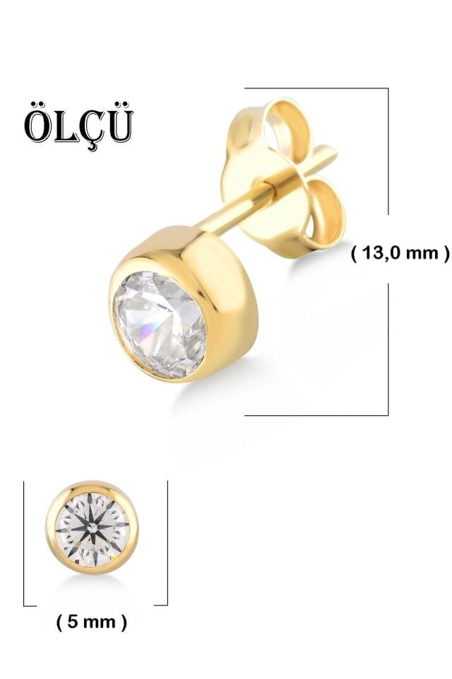 Kadın 14 Ayar Altın Küpe Minimalist Zirkon Taşlı Modern Vidalı Altın Küpe 13 Mm
