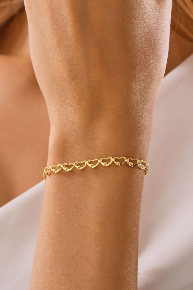 MOOM MÜCEVHERAT 14 Ayar Altın Kalp Örme Bileklik (16cm,17cm,18cm,19cm,20cm,21cm)