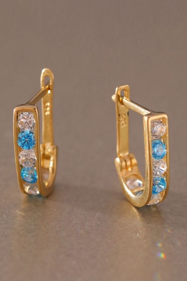 Kadın 14 Ayar Altın Küpe Minimalist Zirkon Taşlı Turkuaz Modern Altın Küpe 13 Mm