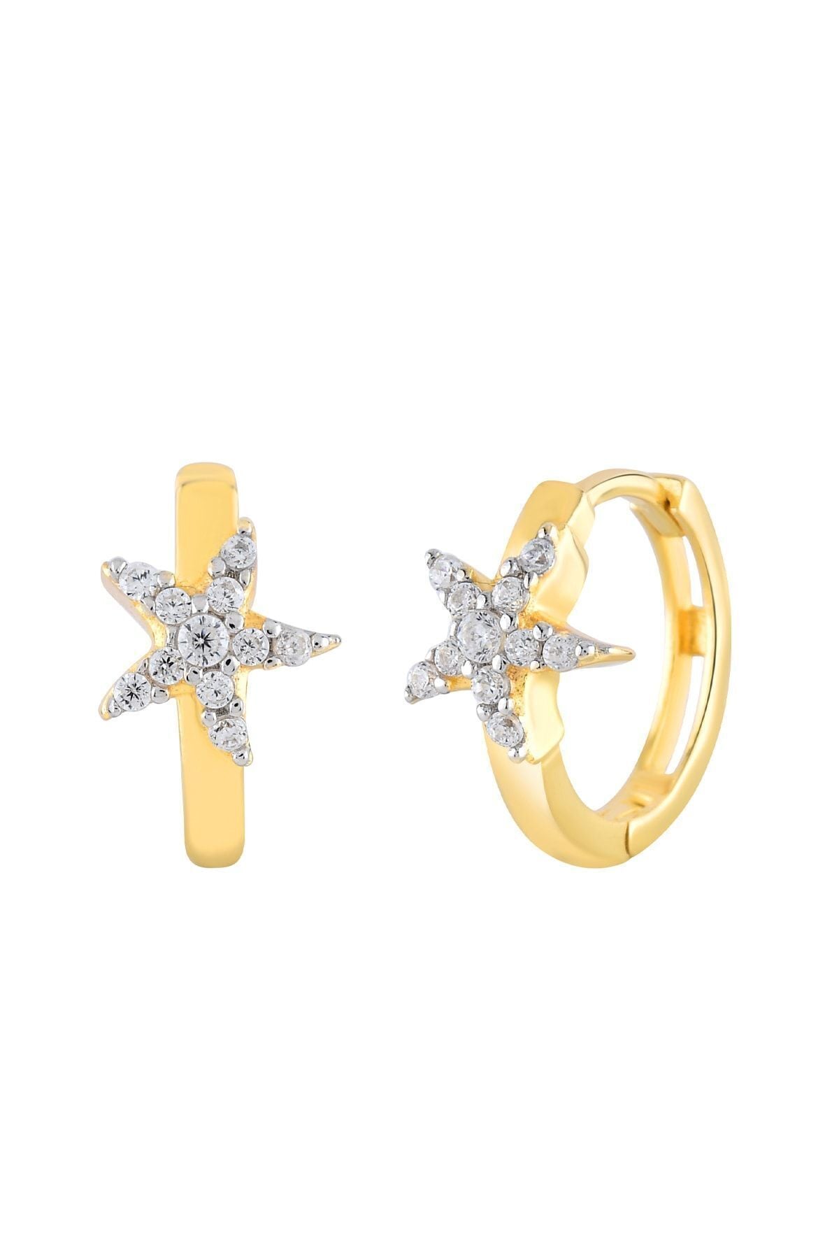 Kadın 14 Ayar Altın Küpe Minimalist Zirkon Taş Deniz Yıldızlı Halka Altın Küpe 12 Mm