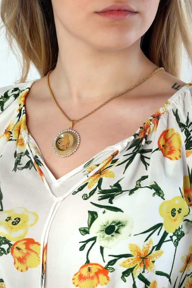 Moom Mücevherat Kadın 14 Ayar Altın Yuvarlak Model Taşlı Osmanlı Tuğrası