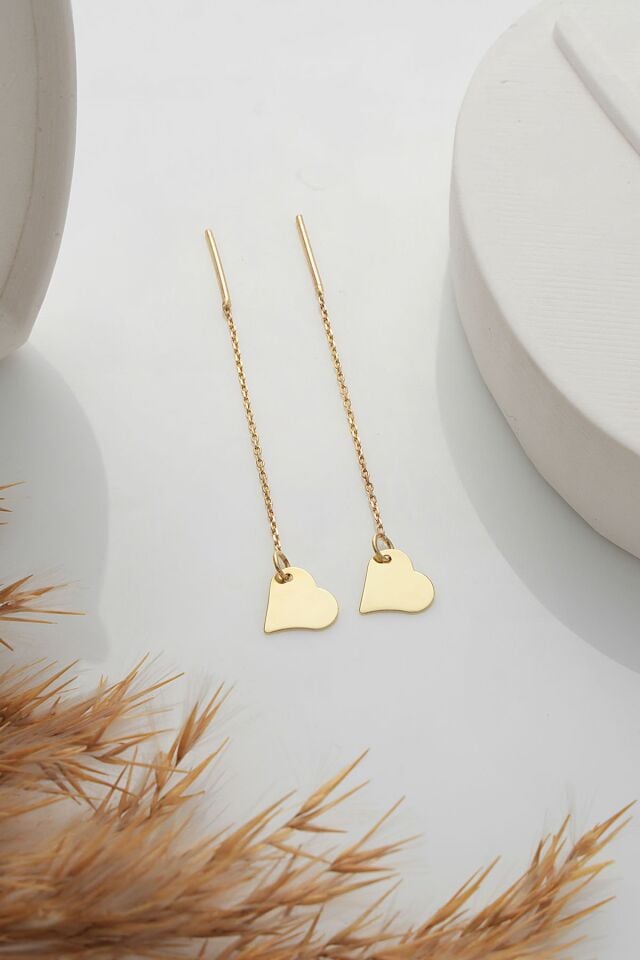 MOOM MÜCEVHERAT 14 Ayar Altın Zincir Sallantılı Kalp Küpe