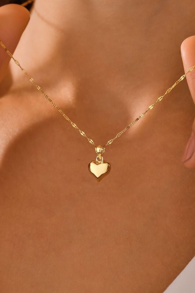 MOOM MÜCEVHERAT 14 Ayar Altın Aynalı Zincir Kalpli Altın Kolye (40cm,45cm,50cm,55cm)