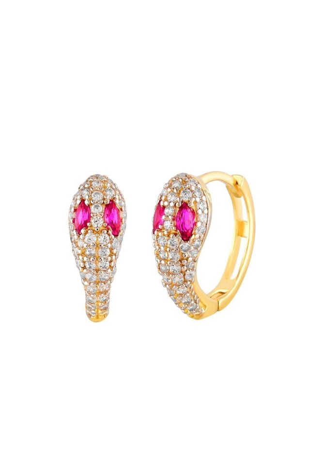 Kadın 14 Ayar Altın Küpe Minimalist Zirkon Taş Yılan Figürlü Halka Altın Küpe 12 Mm