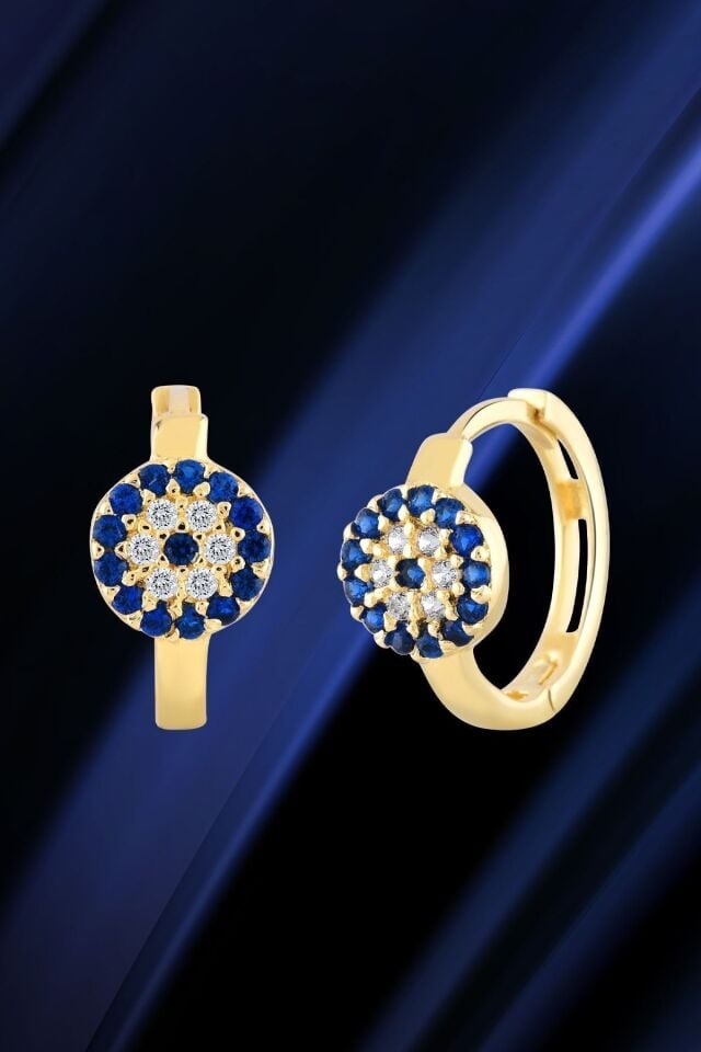 Kadın 14 Ayar Altın Küpe Minimalist Nazar Boncuklu Halka Altın Küpe 13 Mm