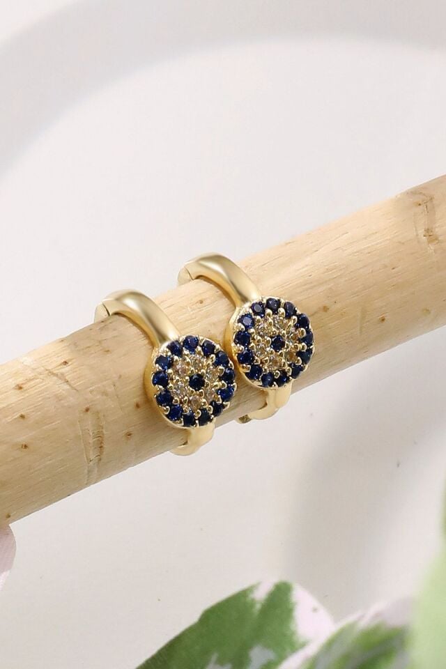 Kadın 14 Ayar Altın Küpe Minimalist Nazar Boncuklu Halka Altın Küpe 13 Mm