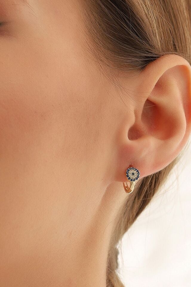 Kadın 14 Ayar Altın Küpe Minimalist Nazar Boncuklu Halka Altın Küpe 13 Mm