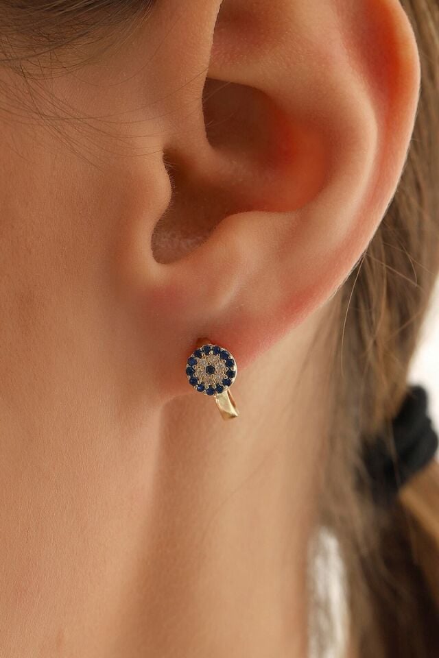 Kadın 14 Ayar Altın Küpe Minimalist Nazar Boncuklu Halka Altın Küpe 13 Mm