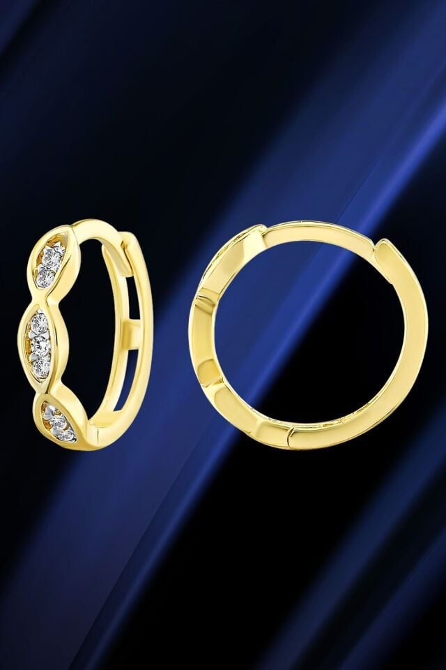 Kadın 14 Ayar Altın Küpe Minimalist Zirkon Taşlı Modern Halka Altın Küpe 12 Mm