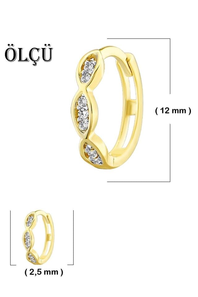 Kadın 14 Ayar Altın Küpe Minimalist Zirkon Taşlı Modern Halka Altın Küpe 12 Mm