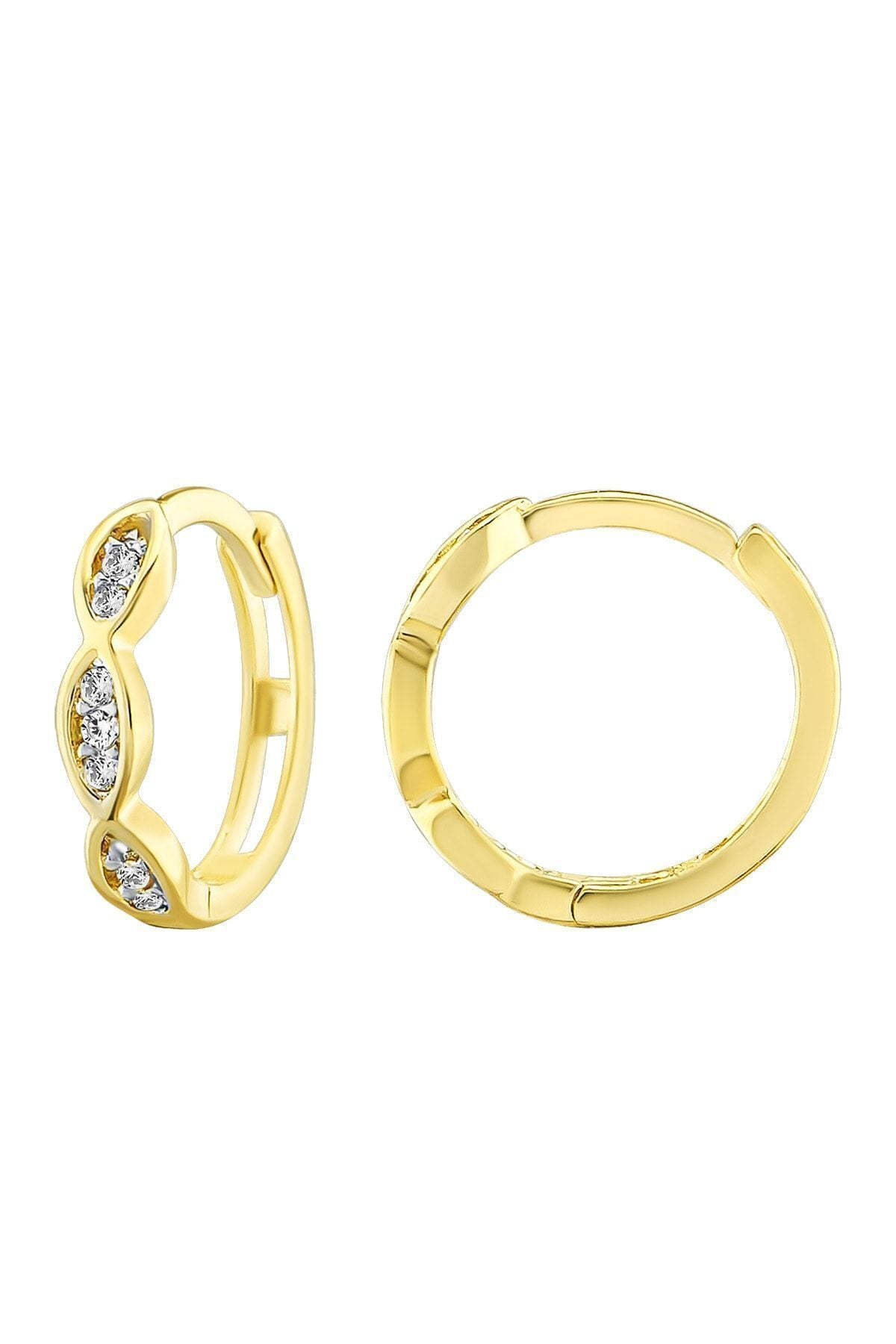 Kadın 14 Ayar Altın Küpe Minimalist Zirkon Taşlı Modern Halka Altın Küpe 12 Mm