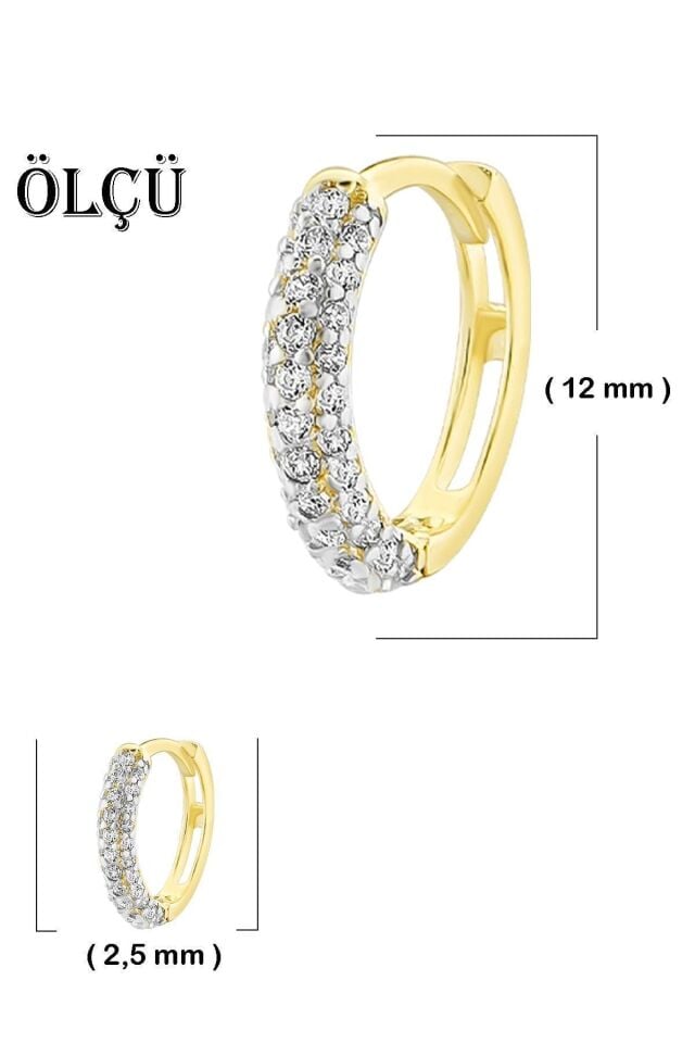 Kadın 14 Ayar Altın Küpe Minimalist Zirkon Taşlı Modern Halka Altın Küpe 12 Mm