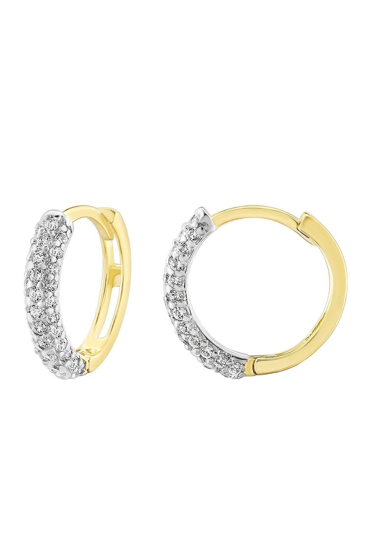 Kadın 14 Ayar Altın Küpe Minimalist Zirkon Taşlı Modern Halka Altın Küpe 12 Mm