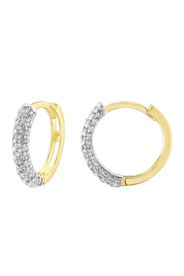 Kadın 14 Ayar Altın Küpe Minimalist Zirkon Taşlı Modern Halka Altın Küpe 12 Mm