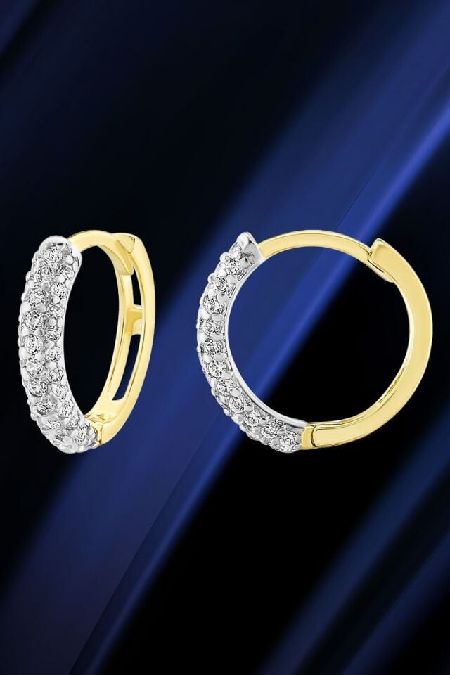 Kadın 14 Ayar Altın Küpe Minimalist Zirkon Taşlı Modern Halka Altın Küpe 12 Mm