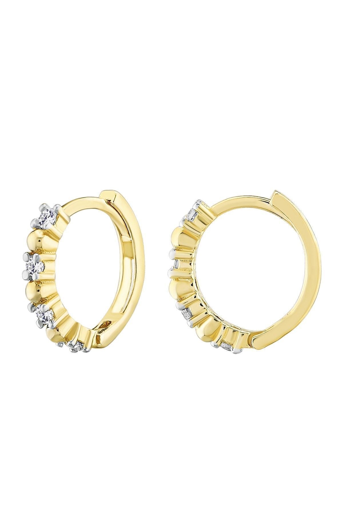 Kadın 14 Ayar Altın Küpe Minimalist Zirkon Taşlı Modern Halka Altın Küpe 12 Mm