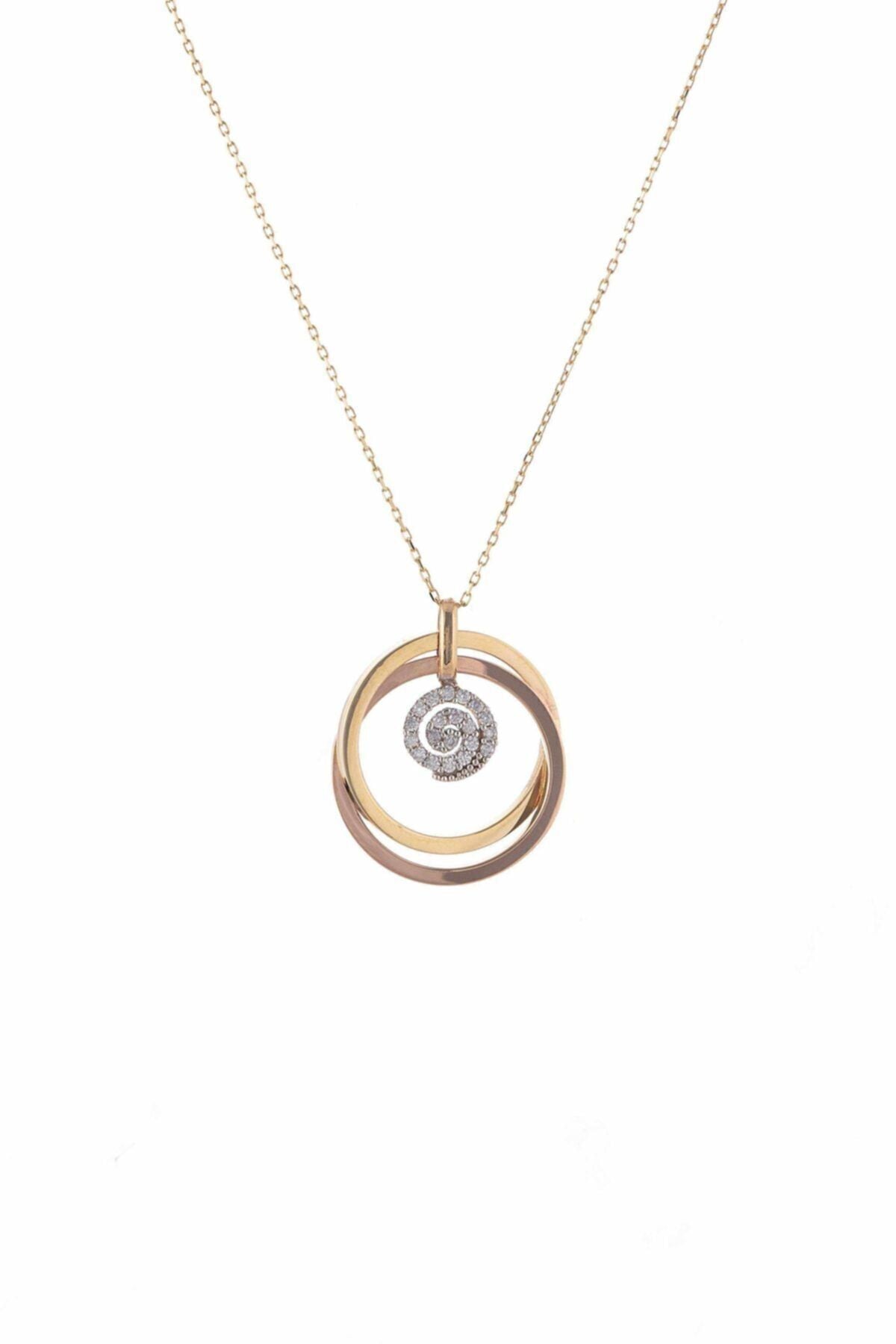 14 Ayar Altın Taşlı Spiral Motifli Çift Çember Kolye 42 Cm