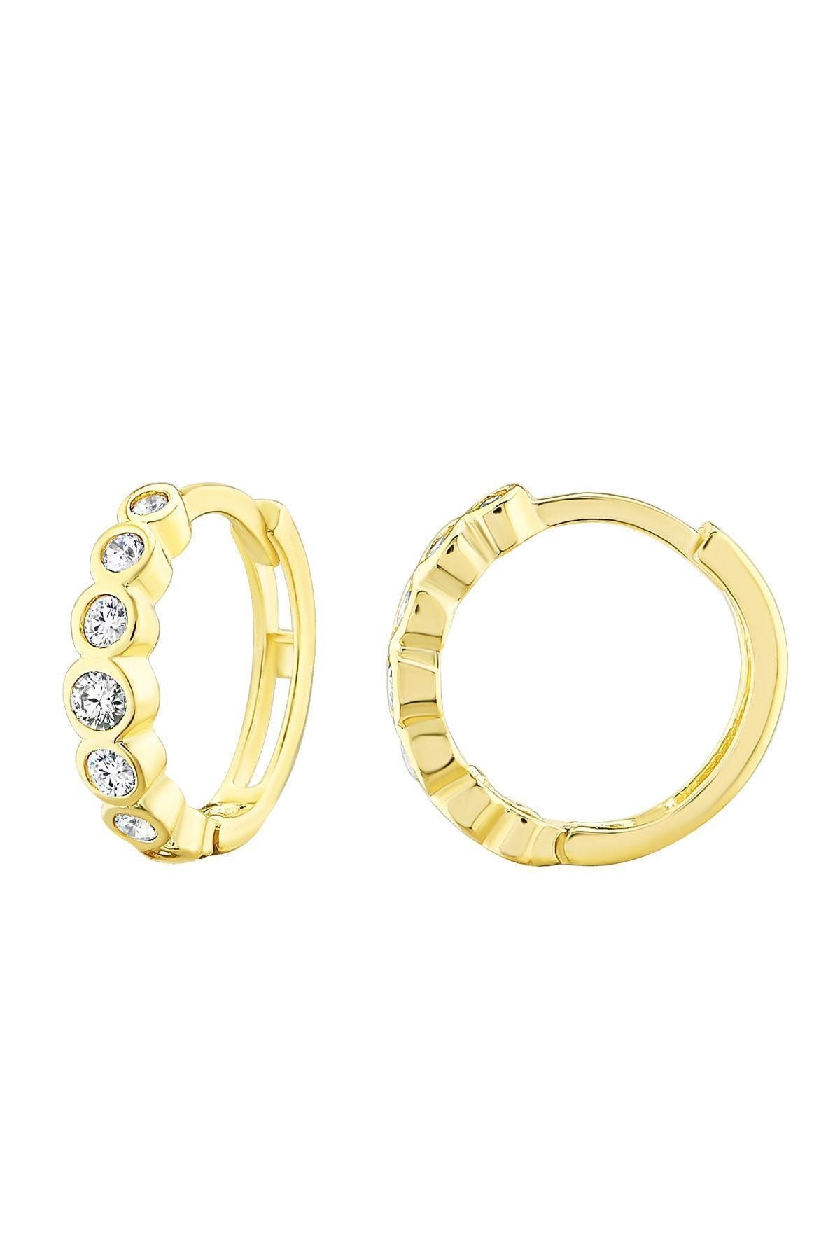 Kadın 14 Ayar Altın Küpe Minimalist Zirkon Taşlı Modern Halka Altın Küpe 12 Mm