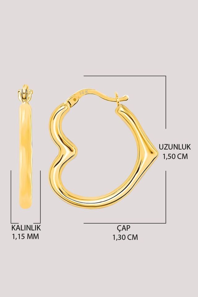 Moom Mücevherat Altın Küpe 14 Ayar Altın Kalp Küpe-1,50 CM