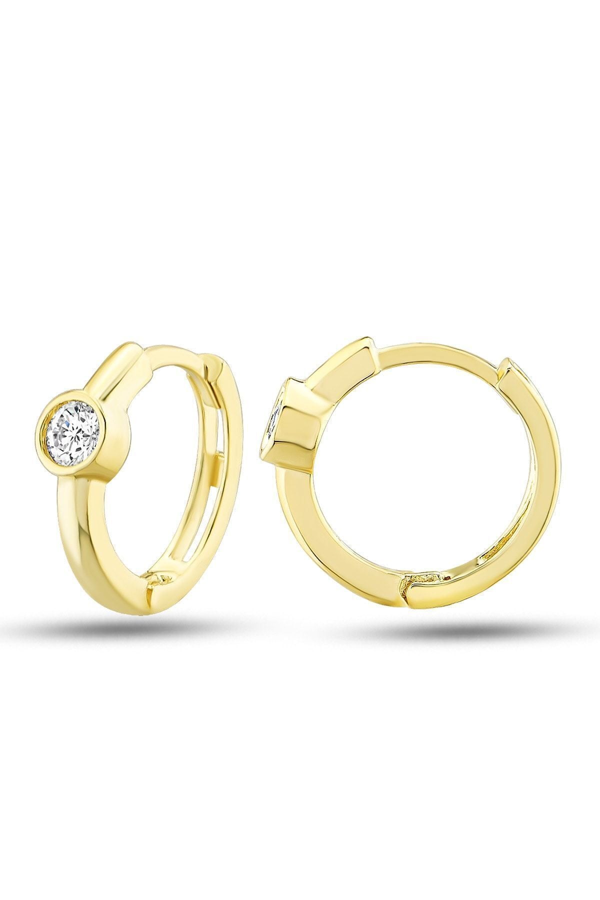 Kadın 14 Ayar Altın Küpe Minimalist Zirkon Taşlı Modern Halka Altın Küpe 12 Mm