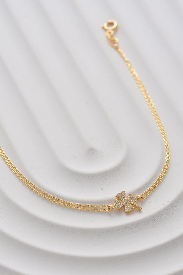 MOOM MÜCEVHERAT 14 Ayar Altın Taşlı Yonca Bileklik (16cm,17cm,18cm,19cm,20cm,21cm)