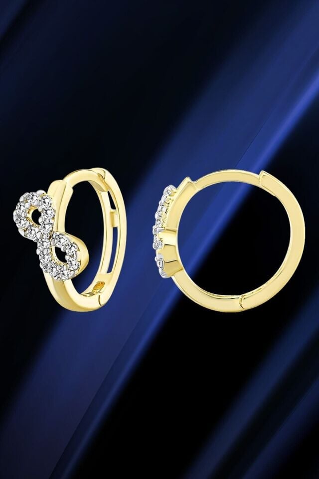 Kadın 14 Ayar Altın Küpe Minimalist Zirkon Taşlı Sonsuzluk Halka Altın Küpe 17 Mm