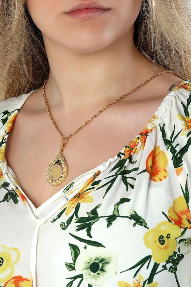 Moom Mücevherat Kadın 14 Ayar Altın Taşlı  Damla Model Çerçeve Kolye Ucu