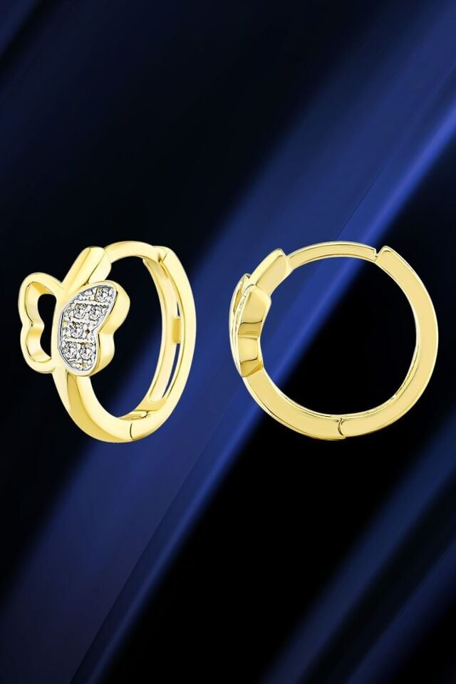 Kadın 14 Ayar Altın Küpe Minimalist Zirkon Taş Kelebek Tema Halka Altın Küpe 11,5 Mm