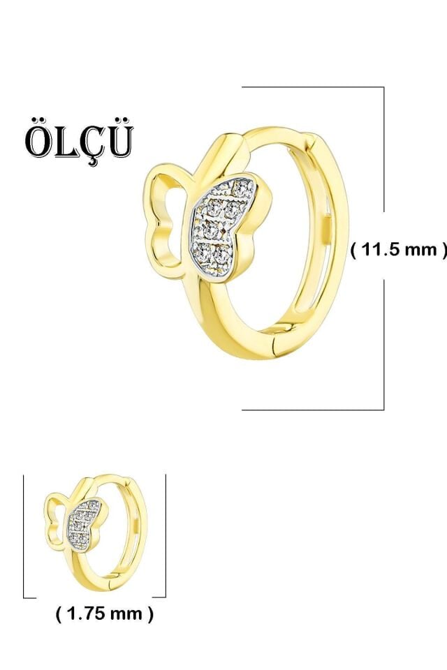 Kadın 14 Ayar Altın Küpe Minimalist Zirkon Taş Kelebek Tema Halka Altın Küpe 11,5 Mm