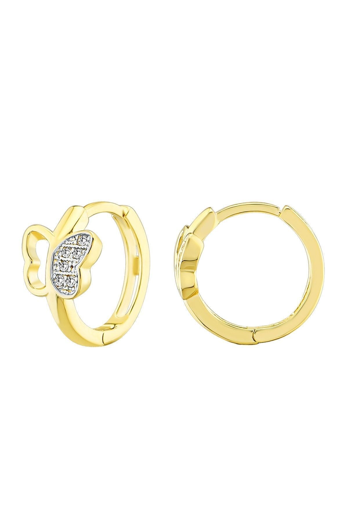 Kadın 14 Ayar Altın Küpe Minimalist Zirkon Taş Kelebek Tema Halka Altın Küpe 11,5 Mm