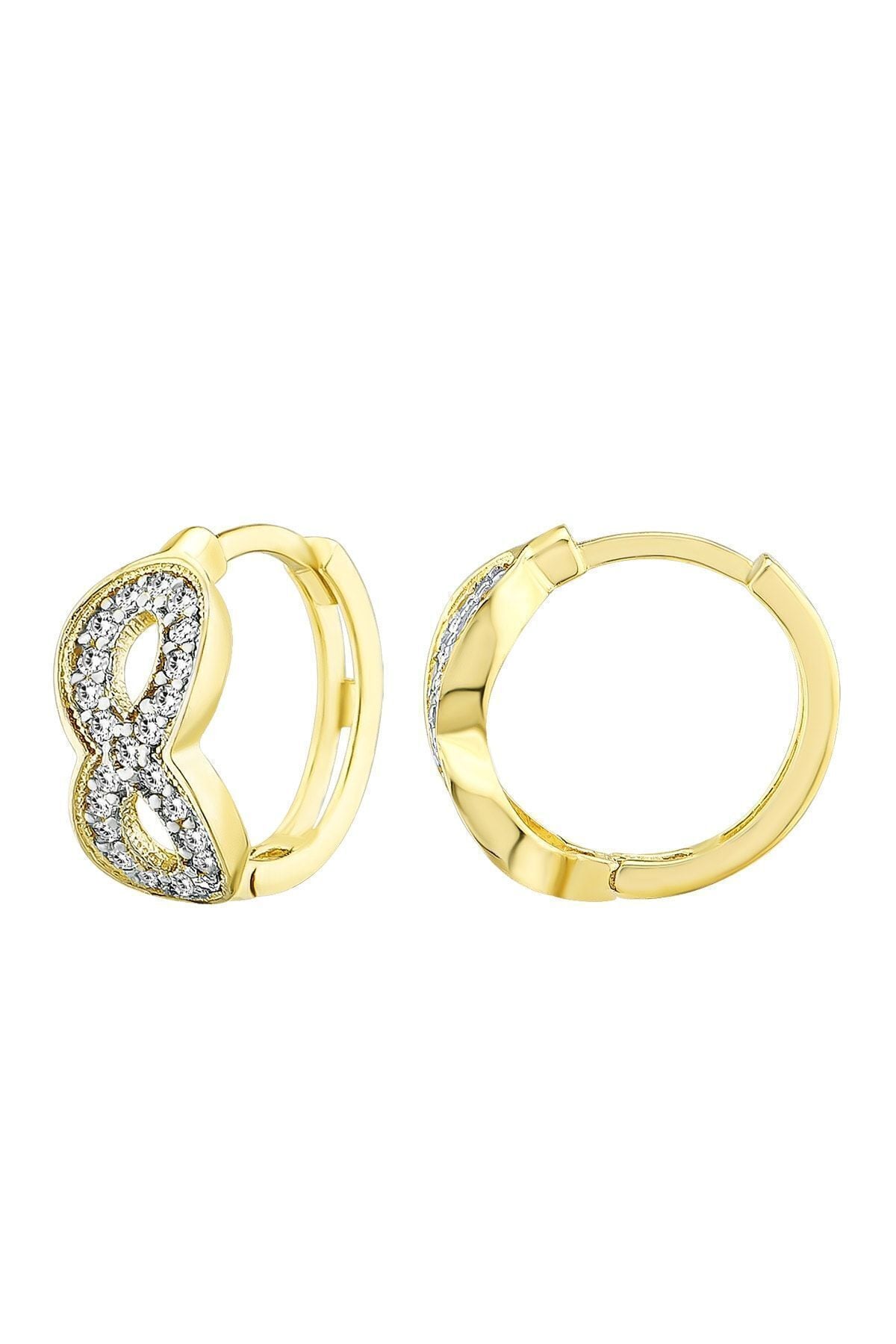 Kadın 14 Ayar Altın Küpe Minimalist Zirkon Taşlı Sonsuzluk Halka Altın Küpe 17 Mm