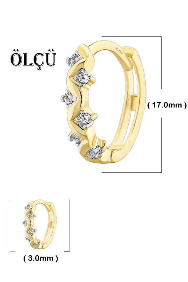 Kadın 14 Ayar Altın Küpe Minimalist Zirkon Taşlı Modern Halka Altın Küpe 17 Mm