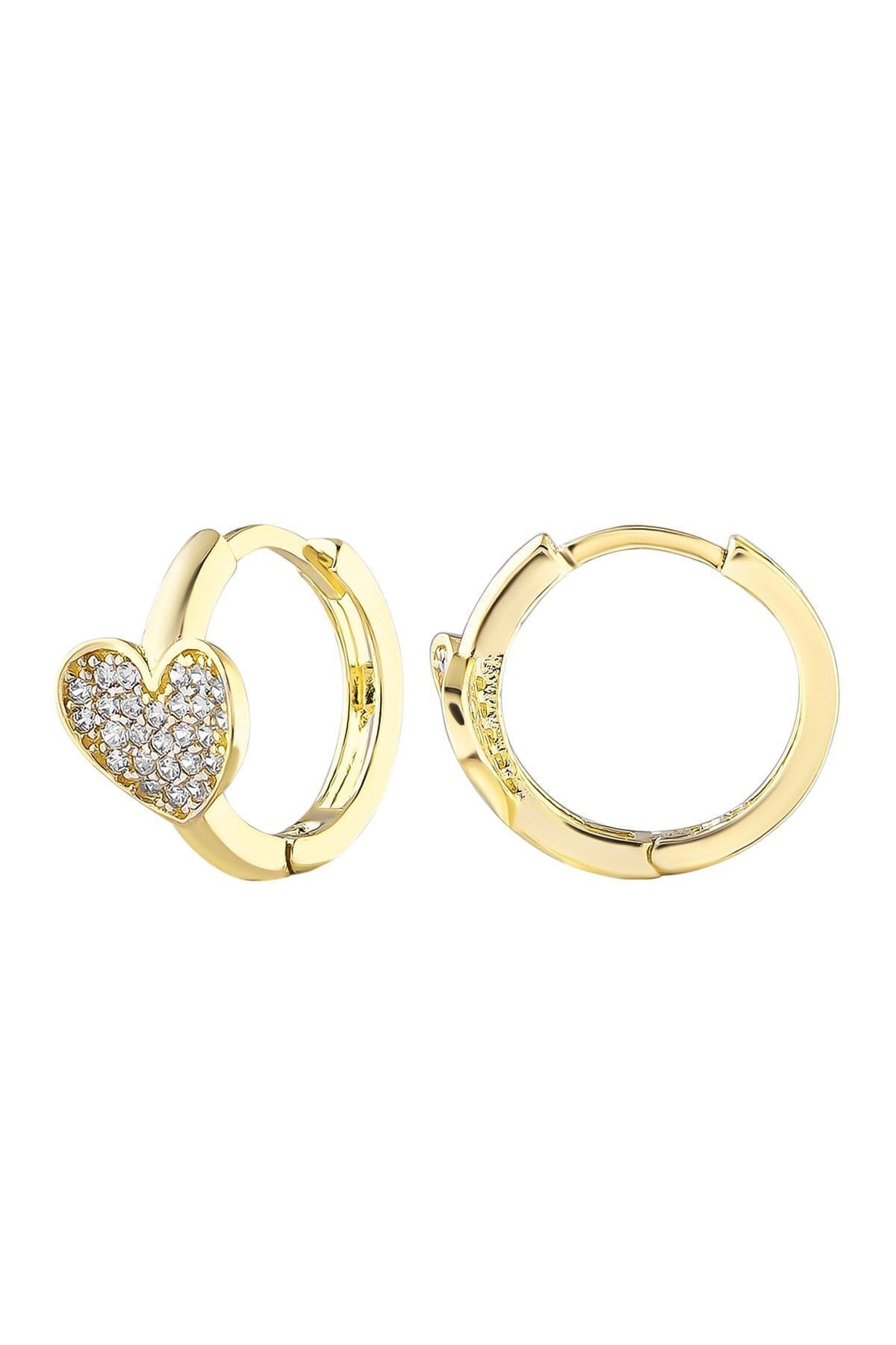 Kadın 14 Ayar Altın Küpe Minimalist Zirkon Taşlı Kalp Temalı Halka Altın Küpe 12 Mm