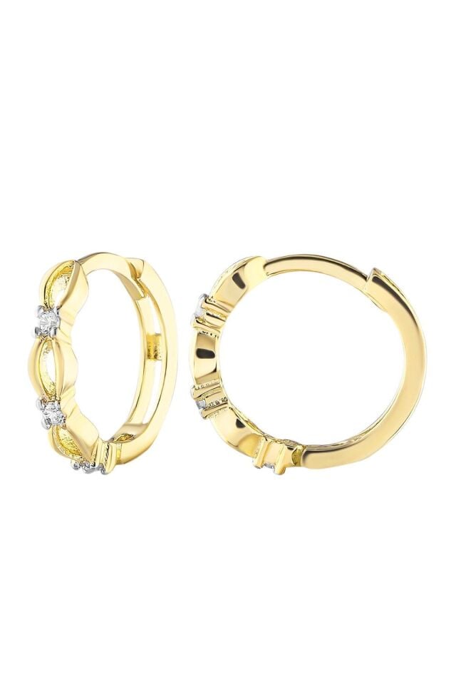Kadın 14 Ayar Altın Küpe Minimalist Zirkon Taşlı Modern Halka Altın Küpe 12.5 Mm