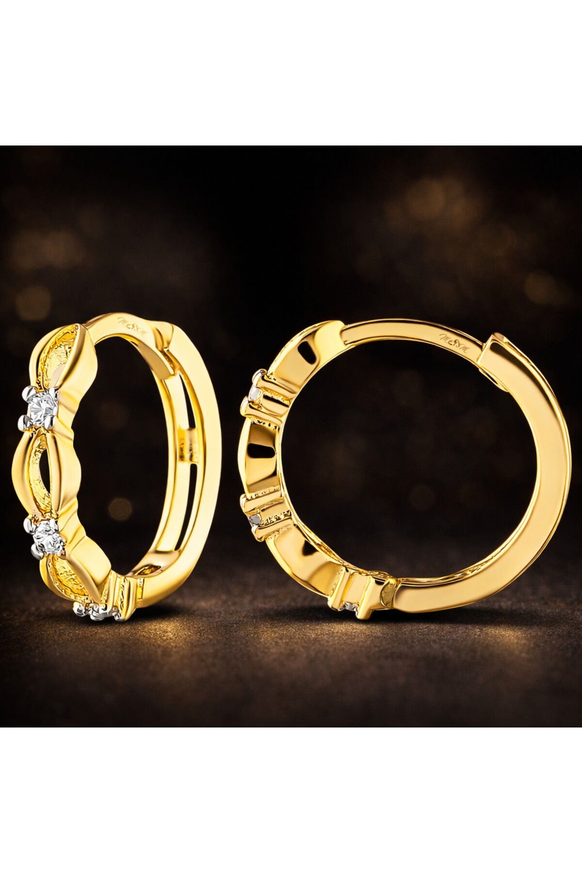 Kadın 14 Ayar Altın Küpe Minimalist Zirkon Taşlı Modern Halka Altın Küpe 12.5 Mm