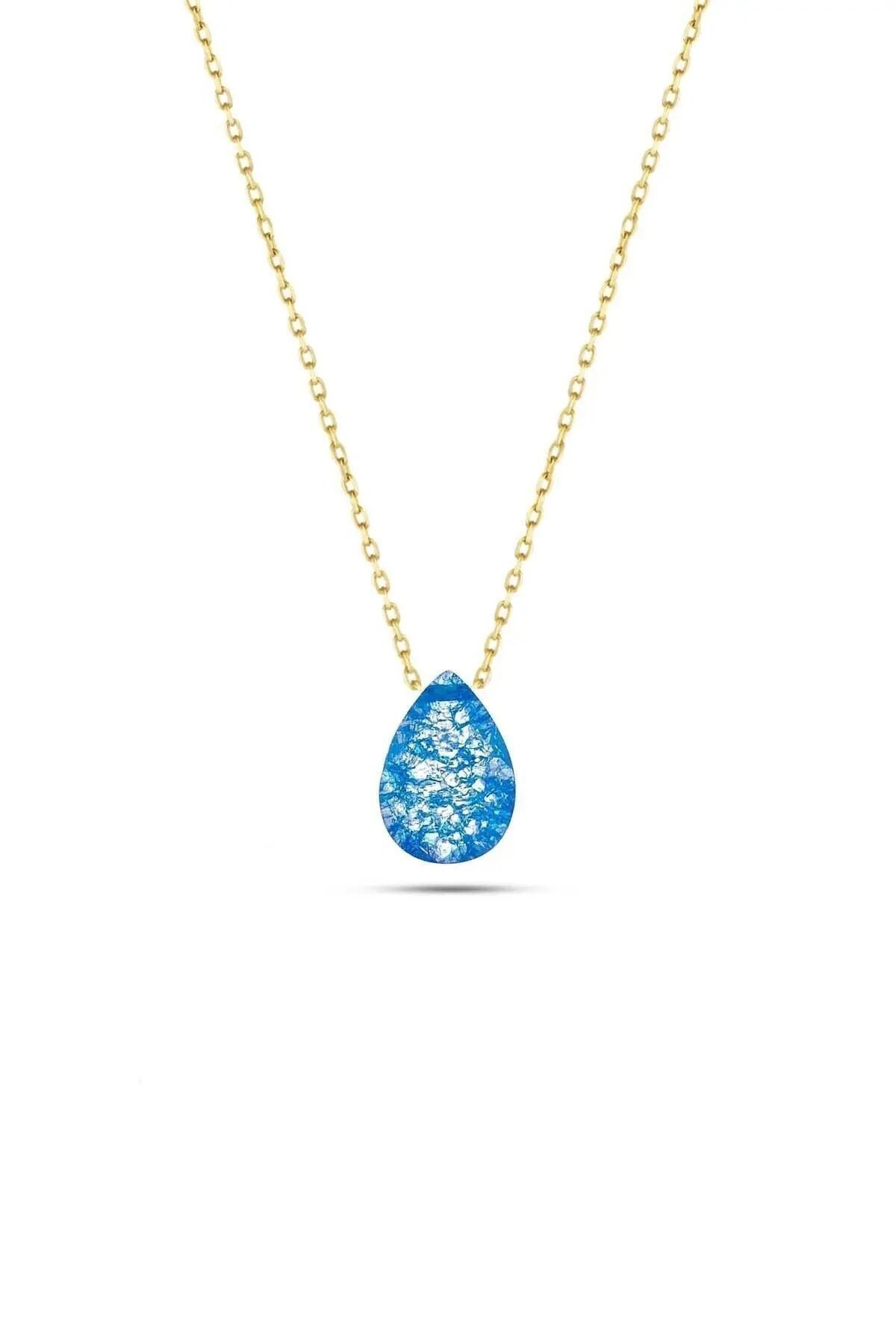 14 Ayar Altın Damla Taşlı Kolye Gok Mavisi - 60 Cm