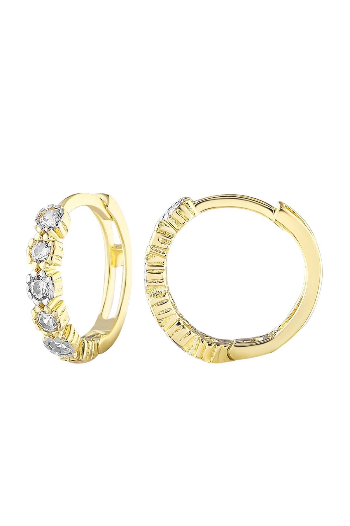 Kadın 14 Ayar Altın Küpe Minimalist Zirkon Taşlı Modern Halka Altın Küpe 12 Mm