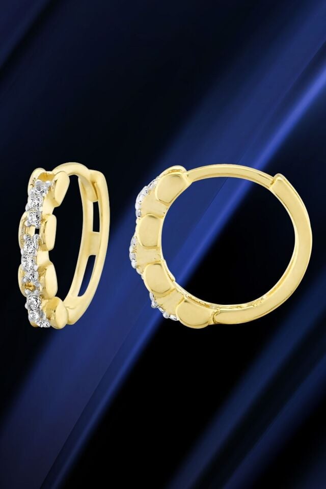 Kadın 14 Ayar Altın Küpe Minimalist Zirkon Taşlı Modern Halka Altın Küpe 12 Mm