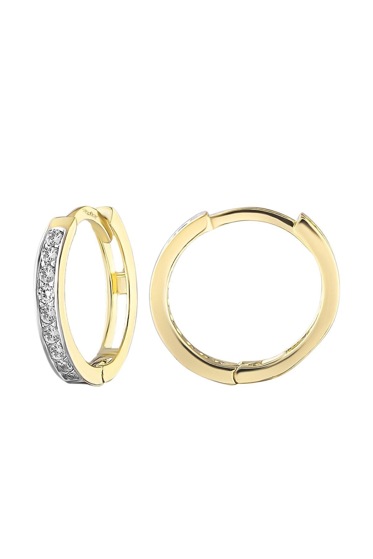 Kadın 14 Ayar Altın Küpe Minimalist Zirkon Taşlı Modern Halka Altın Küpe 12 Mm